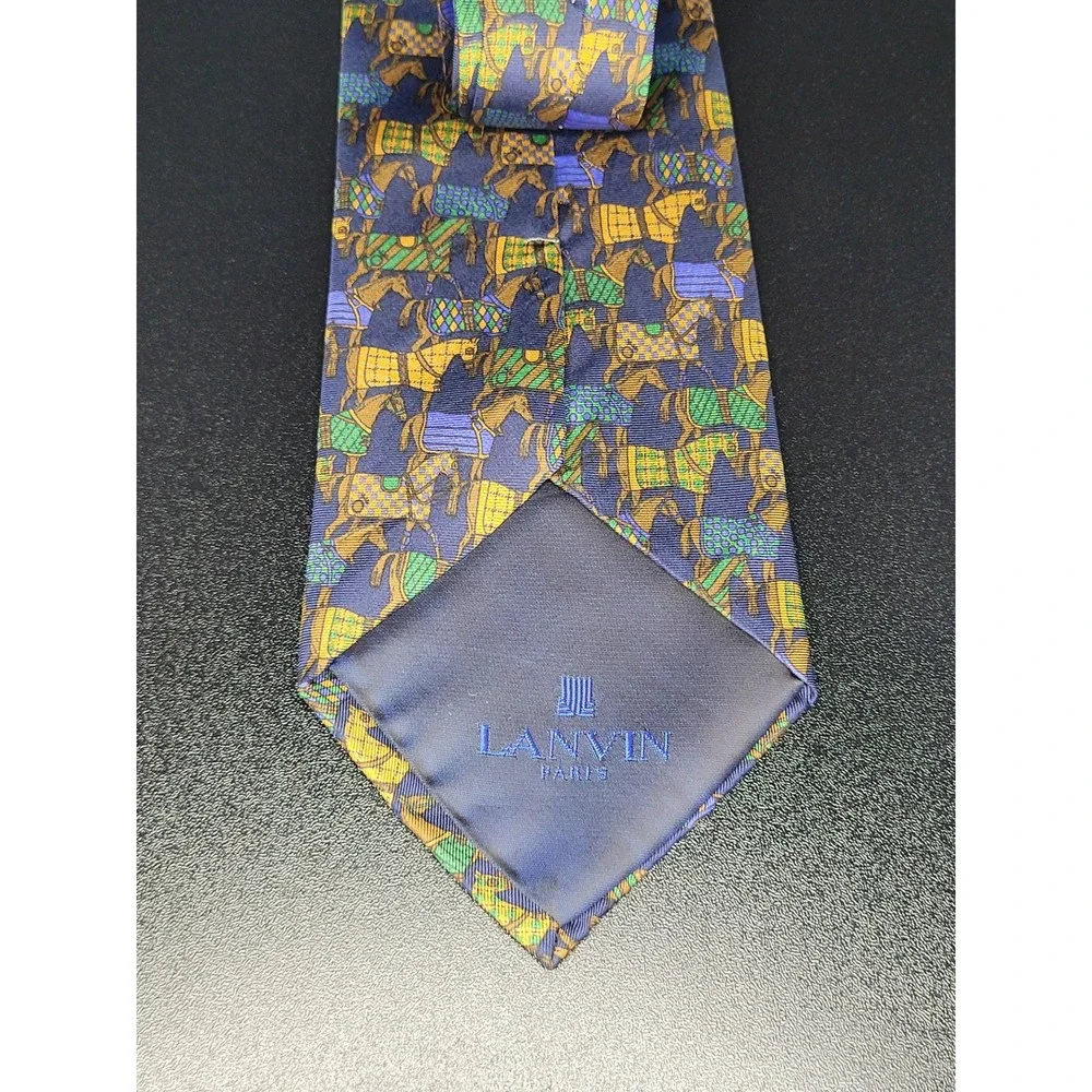 Lanvin Men's Necktie Blue Equestrian Horse Silk 3.5